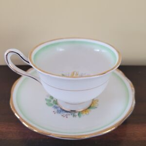 Royal Albert White Teacup and Saucer with Green Band and Gold Trim